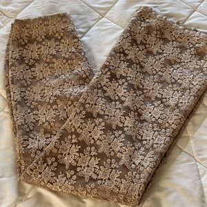 Vintage Antique Brocade Lace Light Gold Fully Lined Straight Formal Pants Small